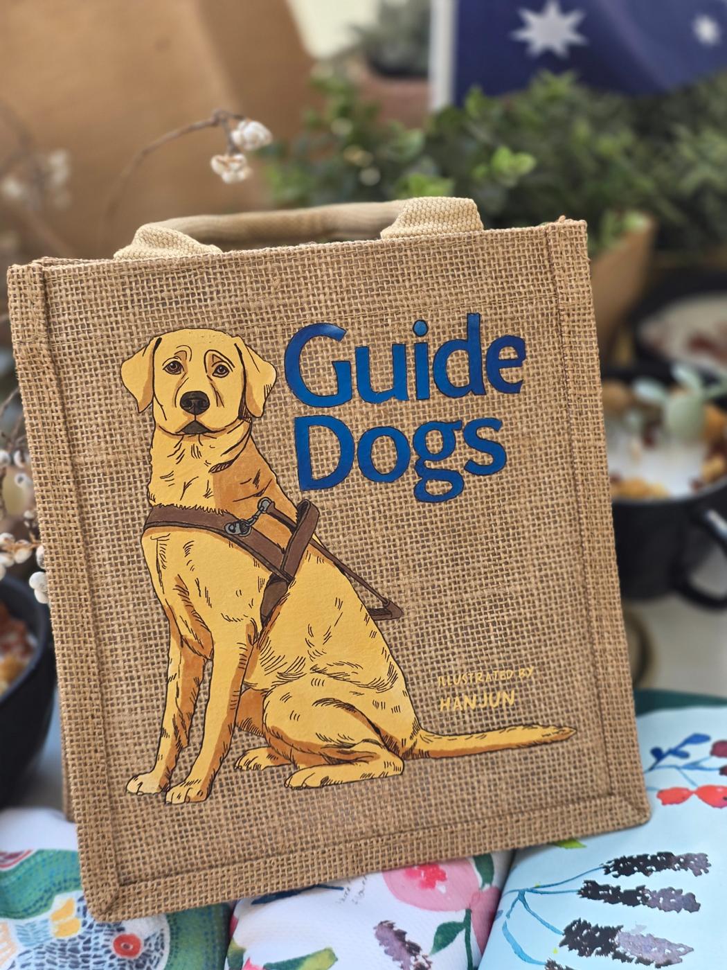 Jute bag with guide dog illustration by Peter Lee