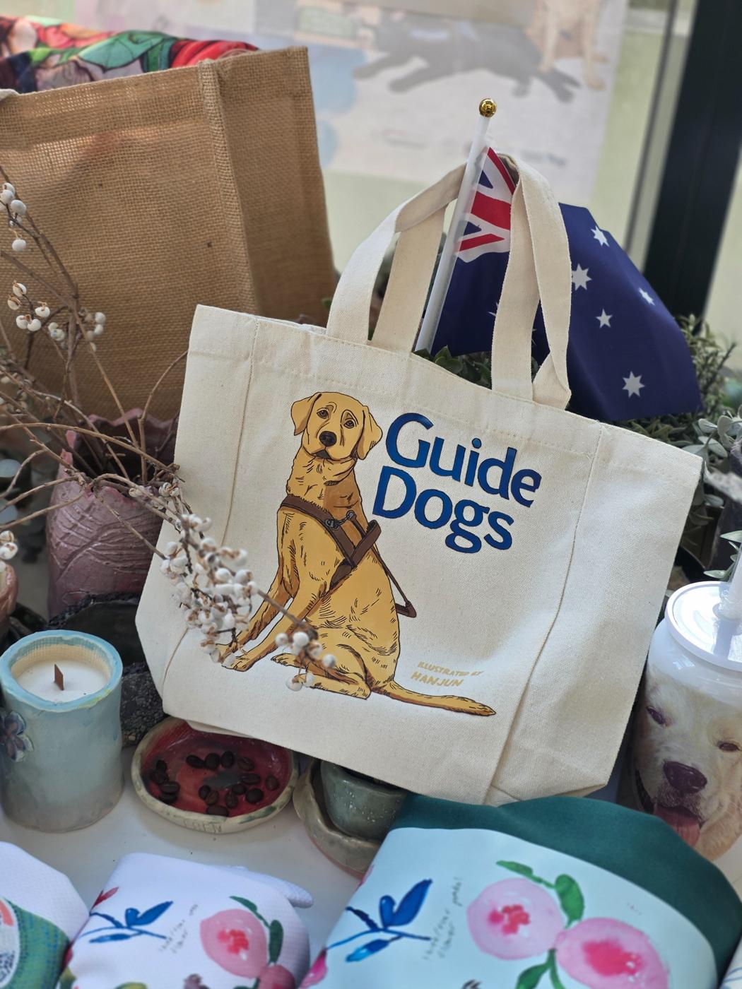 Canvas tote featuring Peter Lee’s guide dog illustration